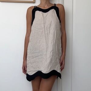NWT STAUD Renata Scallop Linen Dress in Natural/Black size L